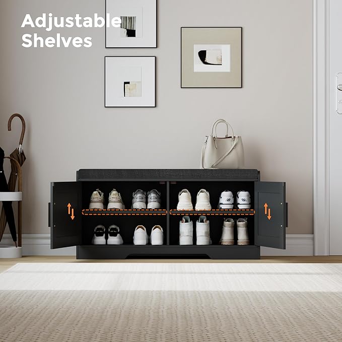 2-Tier Storage Bench, Shoe Bench with Thickened Padded Seat Cushion, Entryway Bench with 2 Doors, Adjustable Shelf, 13.8" D x 37.4" W x 18.5" H, for Entryway, Living Room, Bedroom, Black-PawvioPets