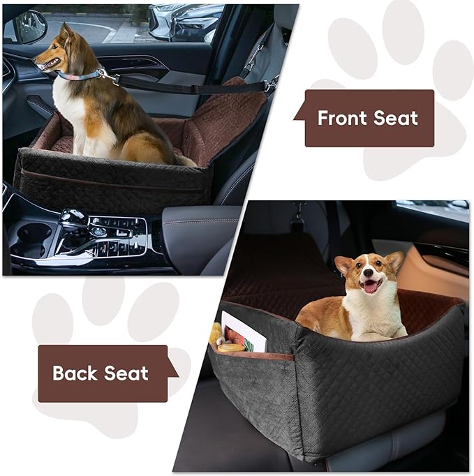 Dog Car Seat for Small Medium Dogs, Soft Fabric Dog Booster Seat with Storage Pockets, Safety Belt, Comfy Pet Car Seat Travel Bed, Removable and Washable-PawvioPets