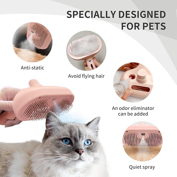 3-in-1 Steam Brush with Release Button and Tank, Anti-Static Pet Brush for Long and Short Hair - Removes Tangles and Loose Hair (Pink)-PawvioPets
