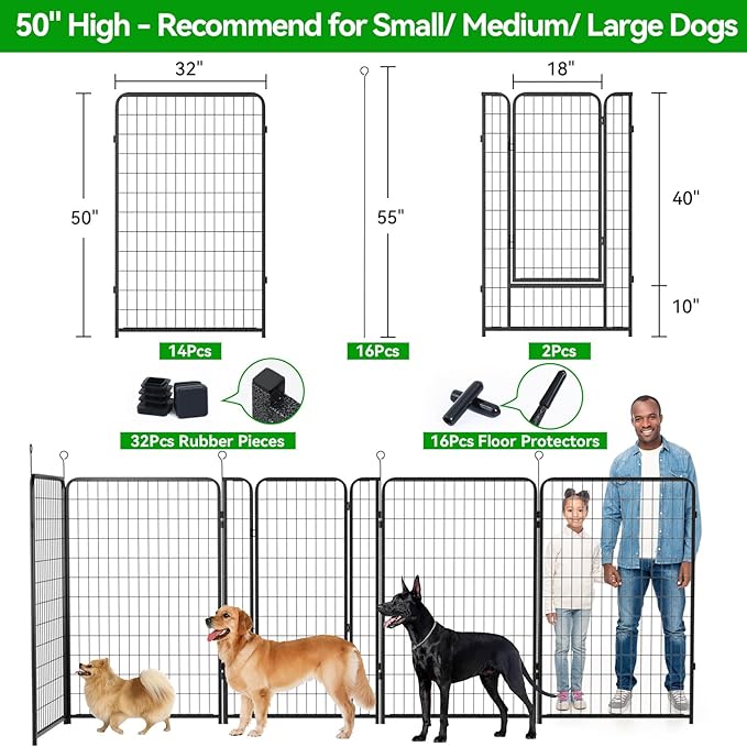 Dog Playpen Outdoor Extra Wide 16 Panels Heavy Duty Dog Fence 50" Height Anti-Rust with Doors Portable for RV Camping Yard, Total 42FT, 140 Sq.ft, Snowy Black-PawvioPets
