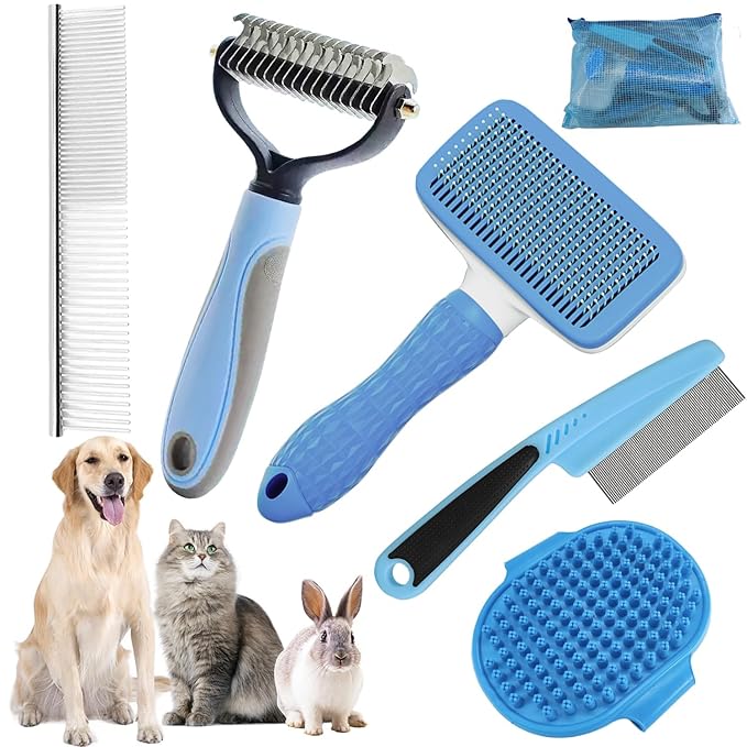 Dog Brush for Shedding,6 PCS in One Pet Slicker Hair Brush Kit Organizer Bag - Dog Cat Grooming Deshedding Undercoat Rake Brush Comb for All Small Large Dogs Cats Blue-PawvioPets
