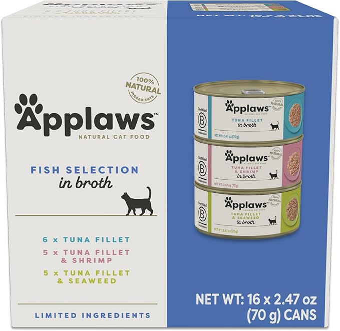 Applaws Natural Wet Canned Cat Food, Made with Limited and Natural Ingredients, Real Protein with No Artificial Additives, Fish Selection Variety Pack in Broth (16 x 2.47oz Cans)-PawvioPets