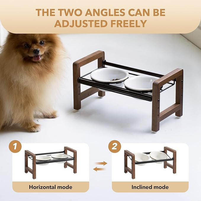 5.5inch Ceramic Adjustable Raised Double Bowls Set with Stand, 3 Heights Elevated, 2 Placement Options,Food and Water Dishes for Puppy, Cats（Double Bowls+Stand, Reactived Glaze -White-PawvioPets