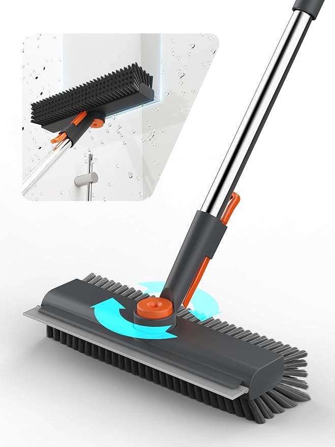 Floor Scrub Brush with Long Handle, 3 in 1 Multi-angle Swivel Right Angled Bristle Floor Scrubber Brush with Squeegee and Tweezer for Cleaning Tile Wall Deck Bathroom Patio Garage Kitchen (Grey)-PawvioPets