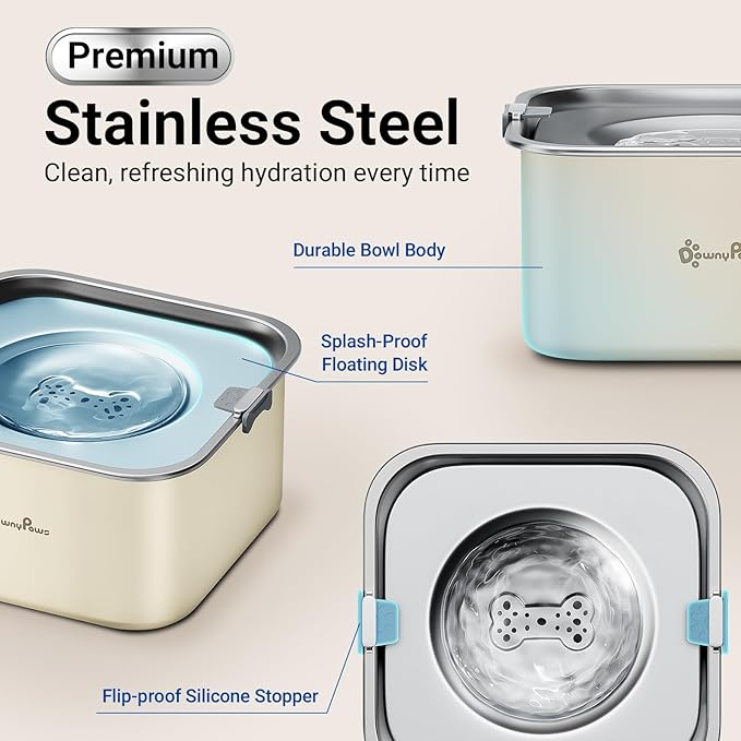 DownyPaws No Spill Water Bowl for Dogs,101oz/3L Slobber Stopper Stainless Steel, Slow Drinking Dog Water Bowl, No Mess Dog Water Dispenser Spill Proof, Dishwasher Safe, Beige-PawvioPets