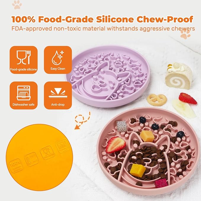 Dog Slow Feeder Bowl, Silicone Dog Bowl, Non-Slip Suction Cups Design,Boring and Anxiety Reducer.(Light Purple)-PawvioPets