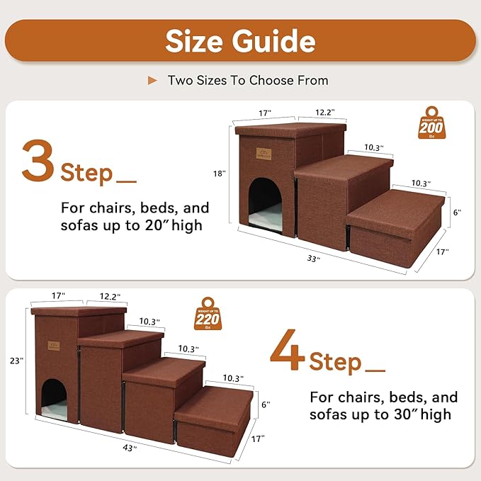 Dog Stairs with Condo 18" H, 3-Step Wider Dog Steps for High Beds Couch, Folding Storage Pet Stairs Gift for Small/Medium/Large Old Dogs Cats, Ramp for Climbing Car Up to 200 lbs, Brown-PawvioPets