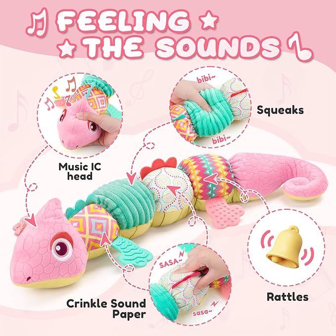 Baby Toys 0-6-12 Months, Musical Stuffed Animal Activity Soft Toys with Multi-Sensory Crinkle,Rattles and Textures,Infant Baby Girl Toys Gifts for Newborn Tummy Time,Dinosaur,Pink-PawvioPets
