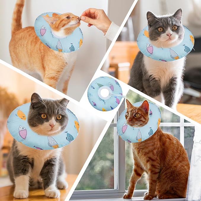 Cat Cone Collar Soft, Adjustable Cat Recovery Collars Kitten Cones to Stop Licking, Cute Donut Cones for Cats After Surgery, Elizabethan Collar for Kittens After Spay(Blue Fish, Large)-PawvioPets
