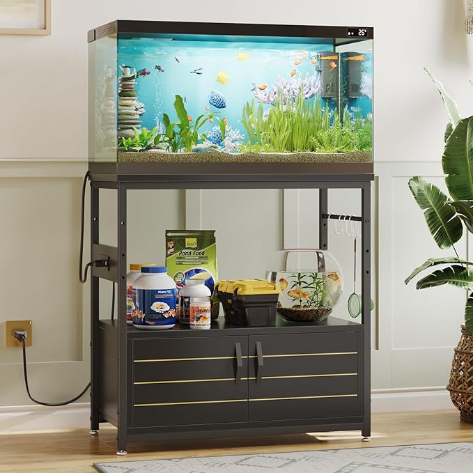 Bestier 20-29 Gallon Fish Tank Stand with Power Outlets, Metal Long Aquarium Stand with Storage Cabinet, 31x15 Reptile Terrarium Stand with Horizontal Gold Line, Stainless Hooks, 350 Lbs(Black)-PawvioPets