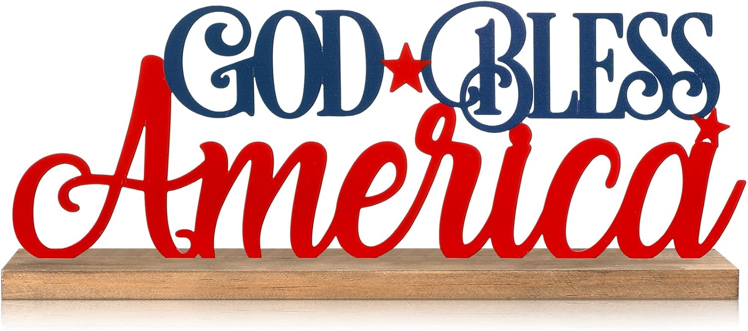 Patriotic God Bless America Metal Sign Rustic Table Decor Holiday Tiered Tray Decor with Wooden Base Freestanding Metal Word Sign for Home Tabletop Centerpiece Mantel Shelf Fireplace
