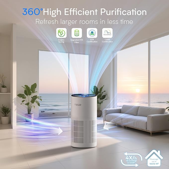 Air Purifiers for Home Large Room up to1600 ft², VNIUP H14 True HEPA Air Purifier for Bedroom, PM 2.5 Display Air Quality Sensor Air Cleaner for for Home Pets Dorm Room Bedroom Office, ZQA-6000A-PawvioPets