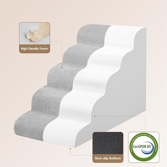 EHEYCIGA Curved Dog Stairs Ramp for High Beds, 5-Step Extra Wide Dog Steps for Small Dogs and Cats, Pet Stairs for High Bed Climbing, Non-Slip Balanced Pet Step Indoor, Light Grey-PawvioPets