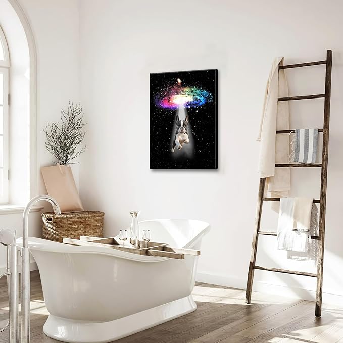 Funny Dog Wall Art Canvas Boston Terrier Wall Decor Prints Framed Painting Bulldog Galaxy Pictures Gifts Artwork for Bathroom 16"x24"-PawvioPets
