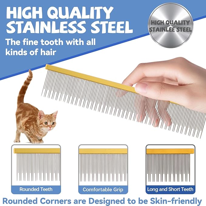 8.5 Inch Dual Tooth Pet Comb for Mats and Tangles，Professional Grooming Comb Removing Excess Hair for Long-Haired Cats and Dog Kit,Prevent Undercoat, Excess Hair,Mats and Tangles,Pet Essential-PawvioPets