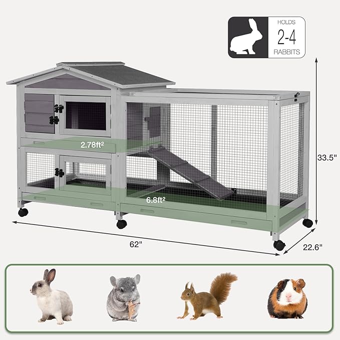 2-Story Indoor Rabbit Hutch with Chew-Proof Outdoor Rabbit Cage with 6 Locking Casters Bunny Cage 2 Pull-Out Trays Guinea Pigs Cage 62"-PawvioPets