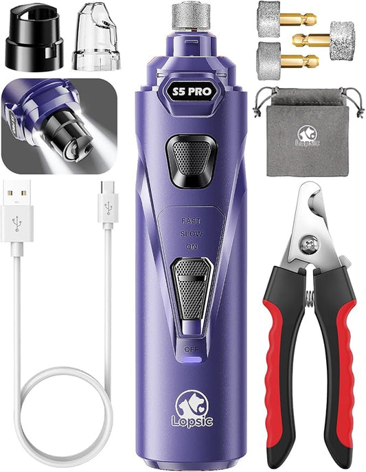 Dog Nail Grinder with 2 LED Lights Powerful 2 Speeds Super Quiet Dog Nail Trimmers with 3 Grinding Wheels Rechargeable Pet Dog Nail Clippers for Large Medium Puppy Dogs Dog Nail File Cat Nail Clipper-PawvioPets