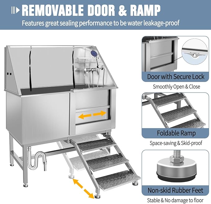50" Pet Dog Bathing Station W/Ramp, Professional Stainless Steel Dog Grooming Tub W/Soap Box, Faucet,Rich Accessory, Dog Bathtub for Large,Medium,Small Pets, Washing Sink for Home (50" Right ramp)-PawvioPets