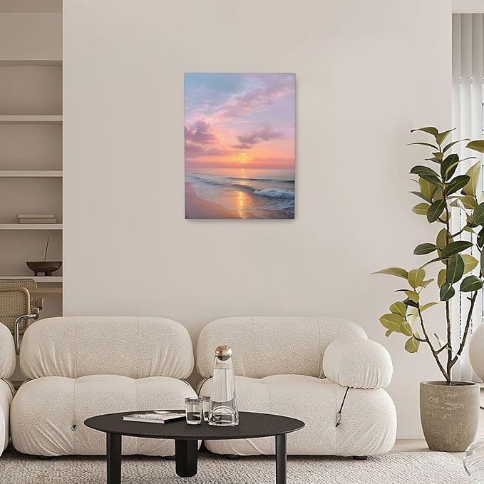 Beach Sunset Wall Art Ocean Coastal Scenery Wall Decor Seascape Picture Canvas Landscape Painting Print Framed Artwork Decorations for Living Room Office Bedroom Kitchen 12"x16"-PawvioPets