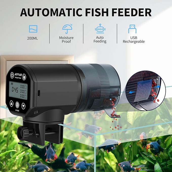 Automatic Fish Feeder Dispenser for Aquarium: Rechargeable Auto Feeders for Tank Turtle Pond Betta - 200ml Smart Food Feeding Timer Dispensers for Flake Pellet Vacation Weekend-PawvioPets