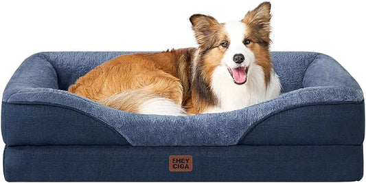 EHEYCIGA Memory Foam Dog Bed for Large Sized, Orthopedic Dog Sofa with Sides and Waterproof Liner, Washable Bolster Pet Couch with Removable Cover, 36x27x7 Inch, Navy-PawvioPets