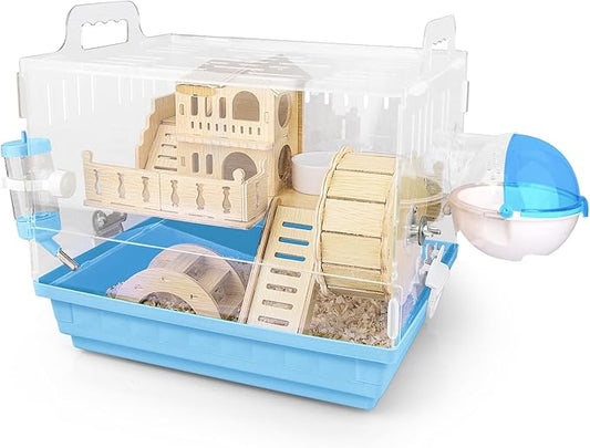 Cycodo 8 in 1 Acrylic Hamster Cage,2-Tier Dwarf Hamster Cage with Wooden Wheel & Hideout,Small Hamster Habitat with Accessories,Clear Pet Mice House(Blue,14" L*10" W*11" H)-PawvioPets