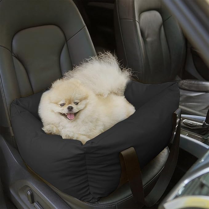 Dog Car Seat for Small Dogs, Large Leather Dog Car Bed with Storage Pocket, Waterproof PVC Leather Booster Seat Travel Bed for Front & Back Seat, Clip-On Safety Leash (Black)-PawvioPets
