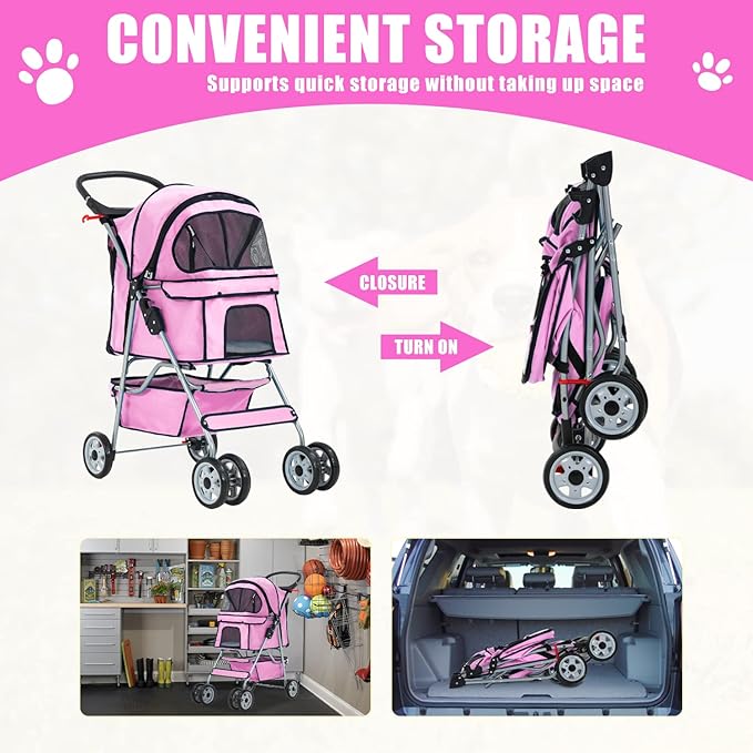Dog Stroller, Folding 4 Wheels Pet Stroller for Small Medium Dog Cat Travel Carrier with Weather Cover Storage Basket Cup Holders Pink-PawvioPets