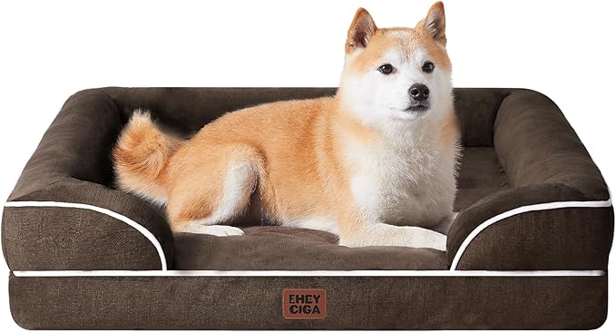 EHEYCIGA Orthopedic Dog Beds for Large Dogs, Waterproof Memory Foam Large Dog Bed with Sides, Non-Slip Bottom and Egg-Crate Foam Pet Couch Bed with Washable Removable Cover, Brown-PawvioPets