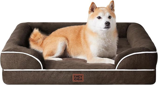 EHEYCIGA Orthopedic Dog Beds for Large Dogs, Waterproof Memory Foam Large Dog Bed with Sides, Non-Slip Bottom and Egg-Crate Foam Pet Couch Bed with Washable Removable Cover, Brown-PawvioPets