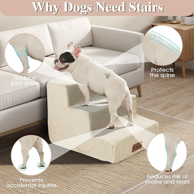 GGIB Dog Stairs for Small Dogs Pet Stairs for Sofa Couch Dog Ramp Pet Steps with Removable Washable Cover, Beige, 13" H, 3-Step-PawvioPets