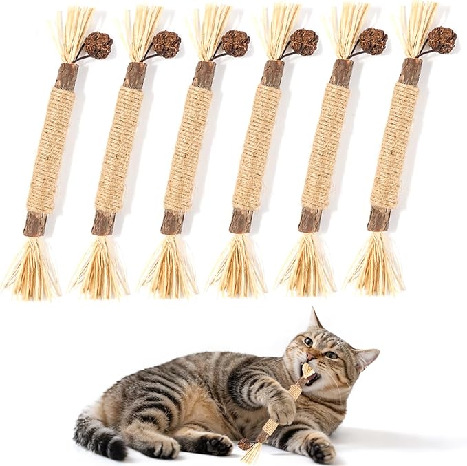 6 Pack Silvervine Cat Chew Toys, Natural Dental Sticks for Indoor Cats, Kittens Teeth Cleaning, Catnip Alternative, Interactive Play, Yellow-PawvioPets