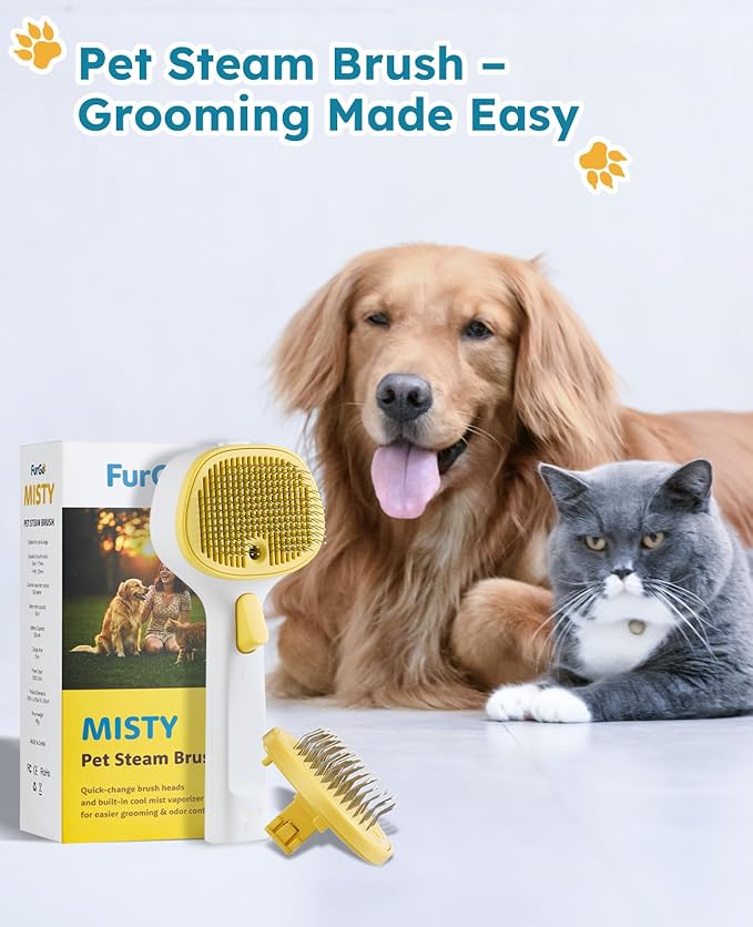 FURGO 3-in-1 Pet Steam Brush for Dogs & Cats – Reduces Static, Long-Pin Head for Long Hair, One-Click Release Button, Dog Spray Brush for Shedding Control (Long)-PawvioPets
