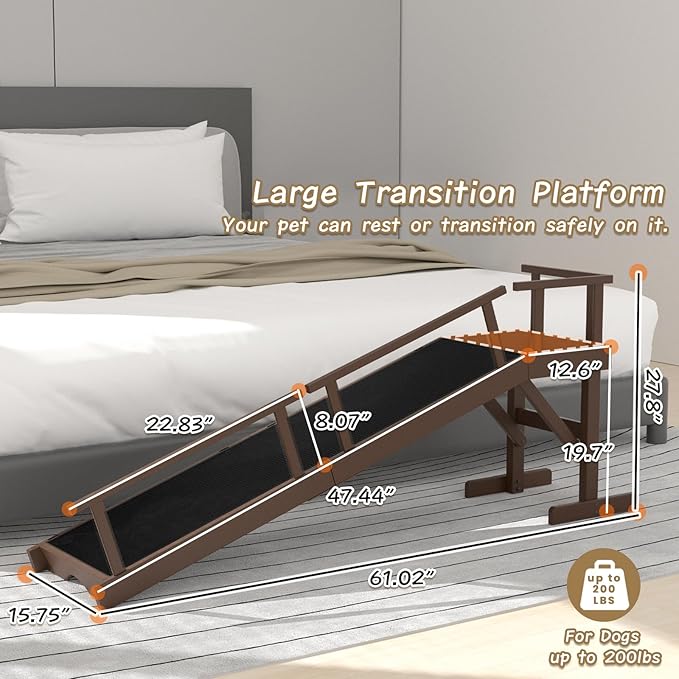 61" Dog Ramp for Bed, Pet Ramp with Removable Side Rail and Non-Slip Surface, Pet Ramp for Small & Large & Senior Dogs with Rest Platform and DIY Glow Strips,Dog Stairs for Couch, Brown-PawvioPets