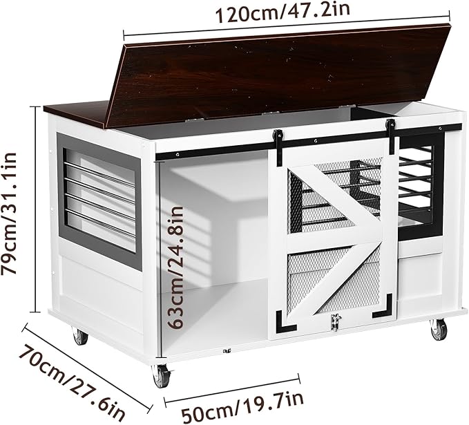47 inch XL Dog Crate Furniture with Top-Access Teasing/Feeding Doors, Farmhouse Wooden Decorative Dog Crates with Wheels, Chew-Resistant Dog Crates End Table for Medium&Large Dogs, White-PawvioPets