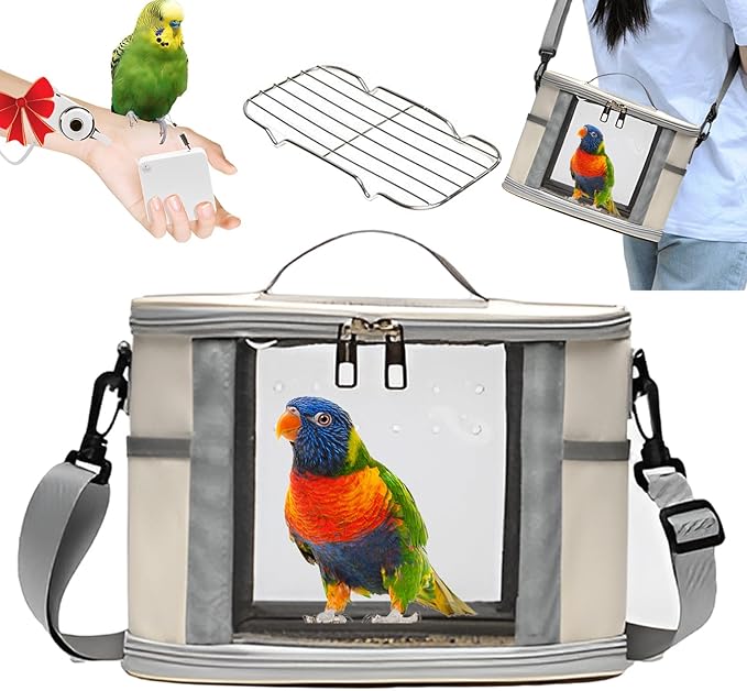 Bird Travel Carrierm, Small Bird Travel Backpack Carrier Cage with Tray and Breathable Clear Window, for Parakeet Cockatiel Budgies, for Camping Hiking (Small-White)-PawvioPets