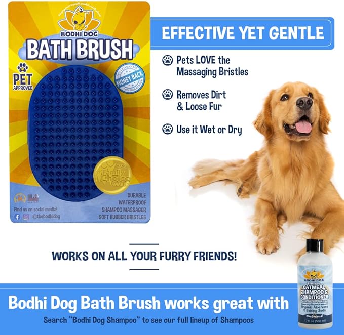 Bodhi Dog Stainless Steel Comb & Shampoo Brush - Bath & Shower Supplies for Dogs & Cats - Removes Shedding, Mats & Tangles - Pet Grooming Scrubber Bundle (Blue)-PawvioPets