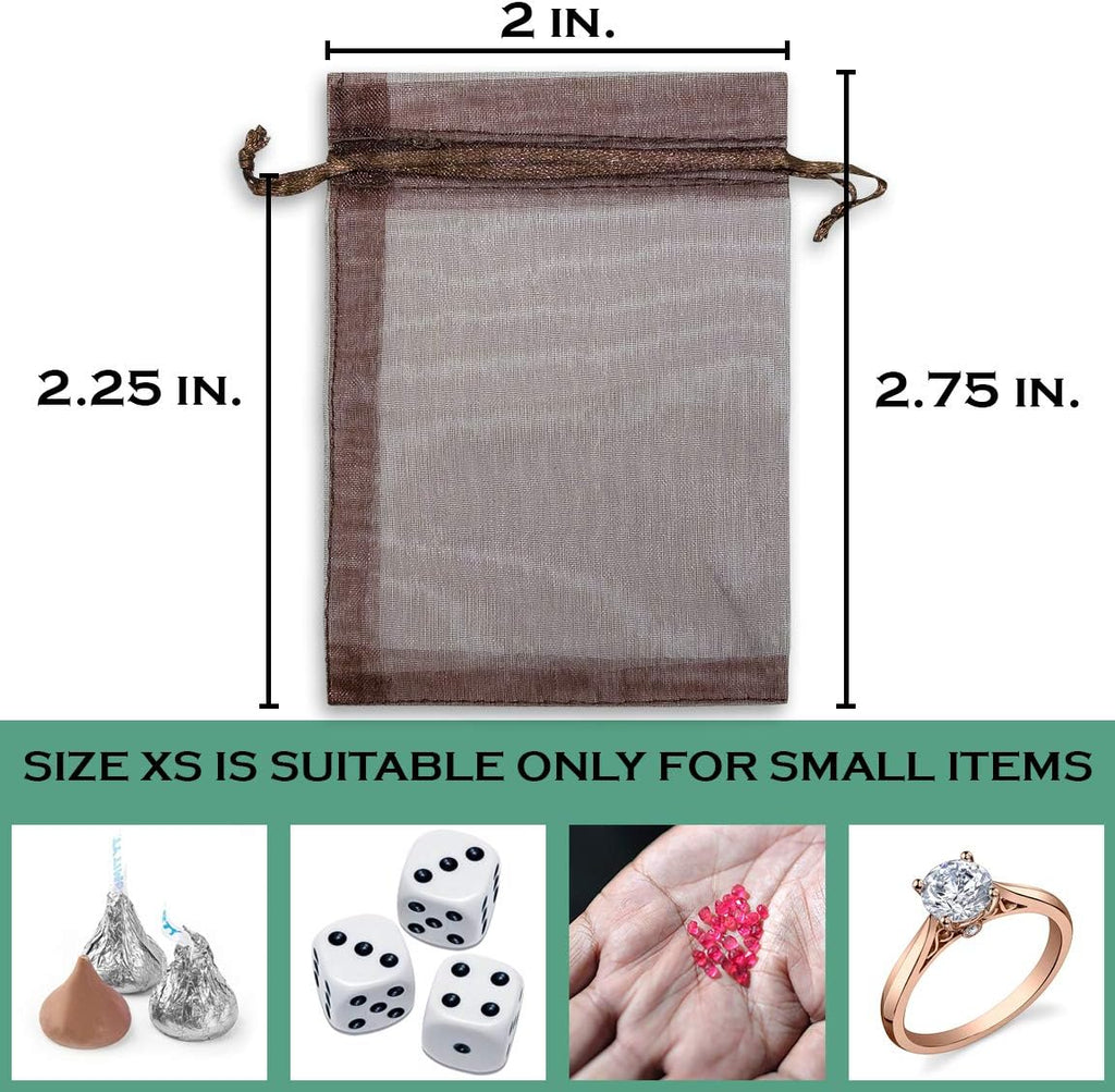 TheDisplayGuys 100-Pack XS 2 x 2 3/4" Brown Sheer Organza Gift Bags with Drawstring, Jewelry Candy Treat Wedding Party Favors Mesh Pouch