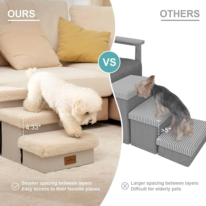 Dog Stair for Small Dogs with Storage, 21" H Foldable Pet Step with Soft Cover, Older Cat Ramp for High Bed or Car, Lightweight, Comfort, 39.7x13x21.2 inch, 5 Tiers, Beige-PawvioPets