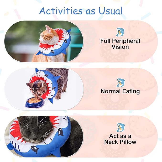 BEAUTYZOO Cat Cone Collars Soft, Cat Recovery E Collars After Surgery to Stop Licking, Adjustable Elizabeth Circle Collar Cute Pet Donut Pillow for Cats Kitten Small Dogs, Cute Shark S-PawvioPets