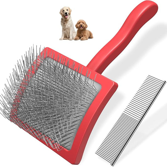 2PCS Slicker Brush for Dogs & Pet Comb,Professional Dog Grooming Brush (Goldendoodles,Poodles,Labradoodles) with Extra Long Pins to Effectively Remove Tangles, Knots and Mats (Red)-PawvioPets
