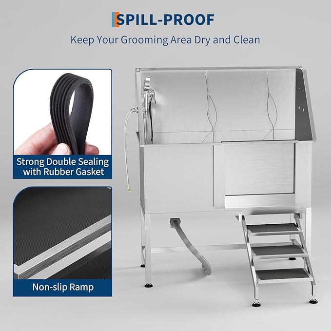 50" Stainless Steel Professional Dog Washing Station - Pet Bathing Tub w/Non-Slip Stairs | Slip-Resistant Floor Grate | for Large/Medium/Small Dogs-PawvioPets