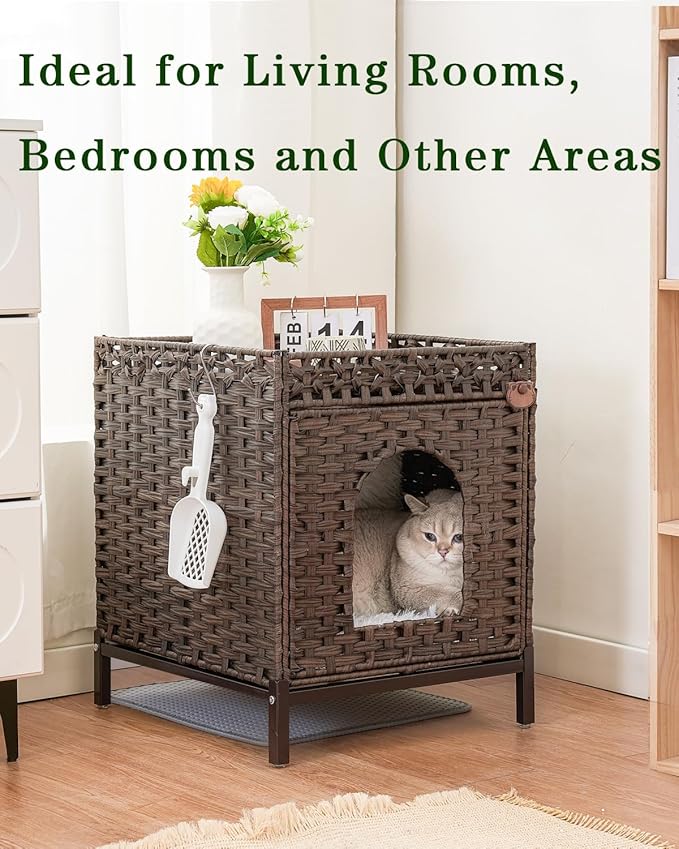 Cat Litter Box Enclosure Hidden Litter Box Furniture with Metal Heightened Feet, Rattan Handwoven Cat House with Litter Mat, Hidden Litter Box Furniture for Bedroom Living Room Brown-PawvioPets