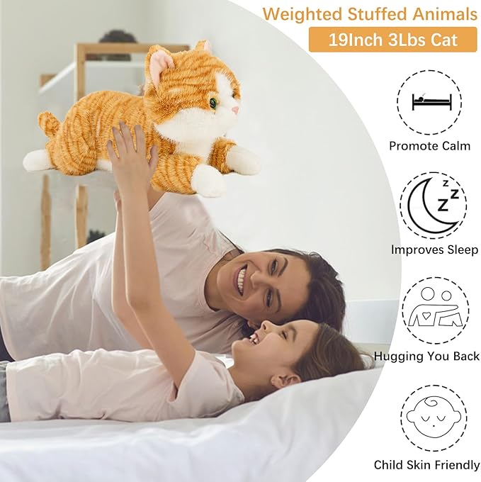 19 inch 3 lbs Cat Weighted Stuffed Animals, Realistic Weighted Cat Stuffed Animal, Sensory Comfort Plush Throw Pillow, Soft Kawaii Kitty Plush Toy Gift for Adults Kids Youth-PawvioPets