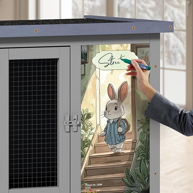 COZIWOW Double Layers Durable 38In Rabbit Hutch Indoor on Wheels, Small Animal Houses Habitat, Rolling Large Bunny Cage Outdoor with Removable Tray, Ramp, Two Story Bunny Cage（Grey with Pattern）-PawvioPets