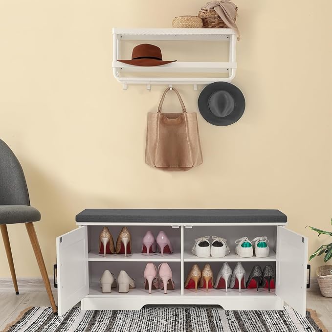 2-Tier Storage Bench, Shoe Bench with Padded Seat Cushion, Entryway Bench with 2 Barn Doors, Adjustable Shelf, 13.8" D x 39.4" W x 17.7" H, for Entryway, Living Room, Bedroom, White-PawvioPets