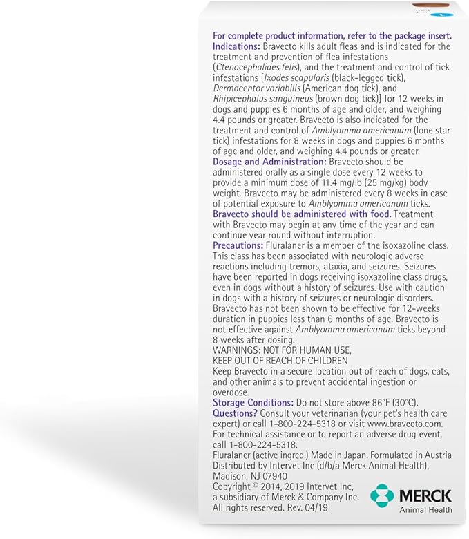 BRAVECTO Chew for Dogs, Flea & Tick, 1 Chew, 12 Week Supply, >44-88 lbs., Blue Box-PawvioPets