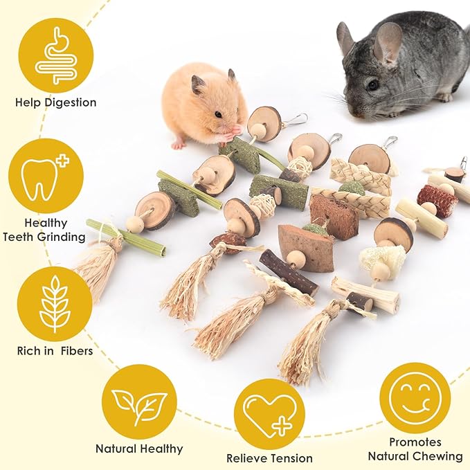 4 Pcs Bunny Chew Toys for Teeth, Hanging Rabbit Chewing Toy Treats with Timothy Grass & Natural Apple Wood, Improve Small Rodent Dental Health for Guinea Pig Hamster Chinchilla Rat Gerbil-PawvioPets
