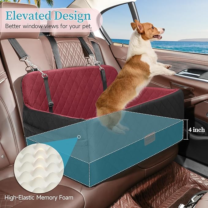 Dog Car Seat for Medium/Large Dogs, Pet Booster Seat for Under 55 lbs or 2 Small Dogs, Detachable & Washable Dog Car Bed for Backseat with 2 Safety Leashes (Blcak/red)-PawvioPets