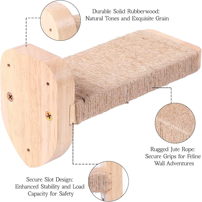 3pcs Cat Wall Steps, Climbing Mounted Furniture, Shelves With Hemp Rope Covered, Solid Wood Ladder for Playing and Climbing (Standard-Wood)-PawvioPets